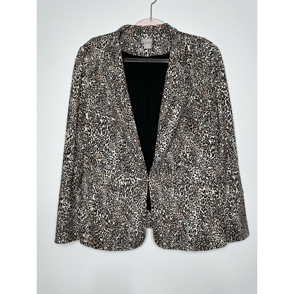 Chicos Animal Print Blazer Size L Leopard Chic Lined Office Classic